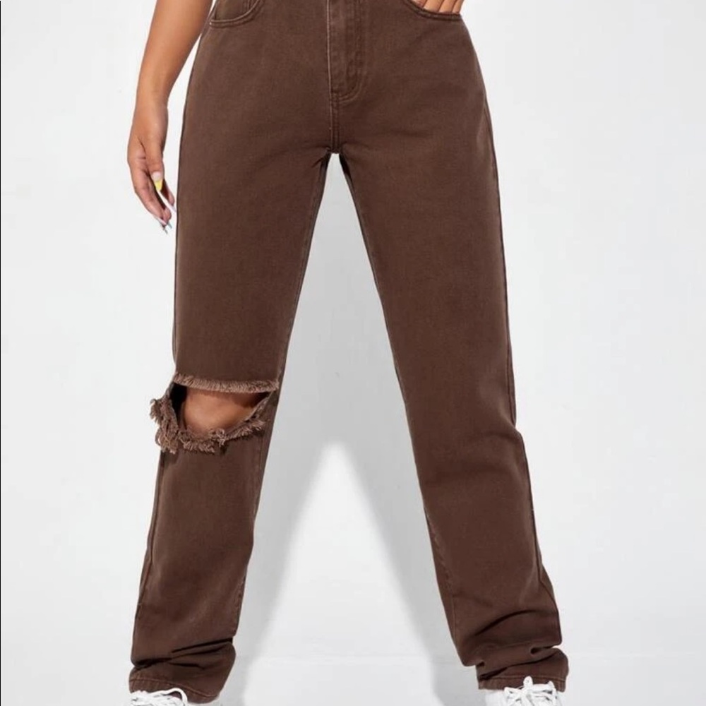 High waisted slant pocket ripped straight jeans